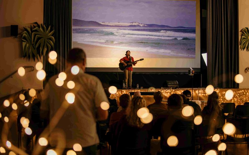 Sam Maddison on stage at the recent Tunes &amp; Tales. Cultural Waves will have a similar set up.