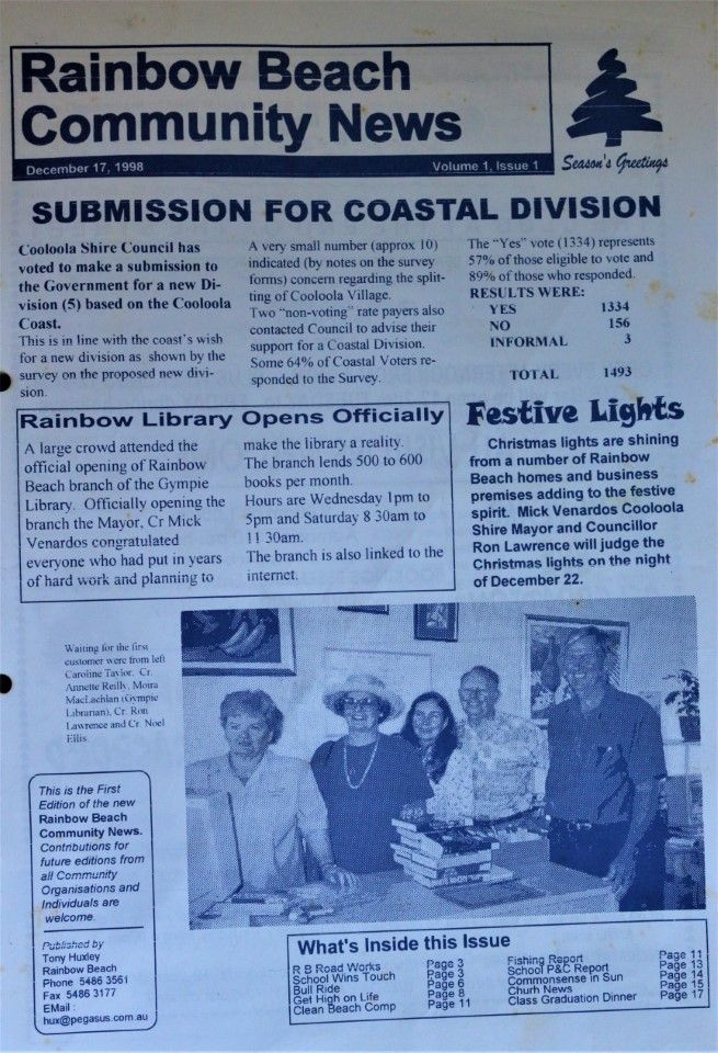 The front cover of the first Rainbow Beach Newspaper produced on December 17, 1998