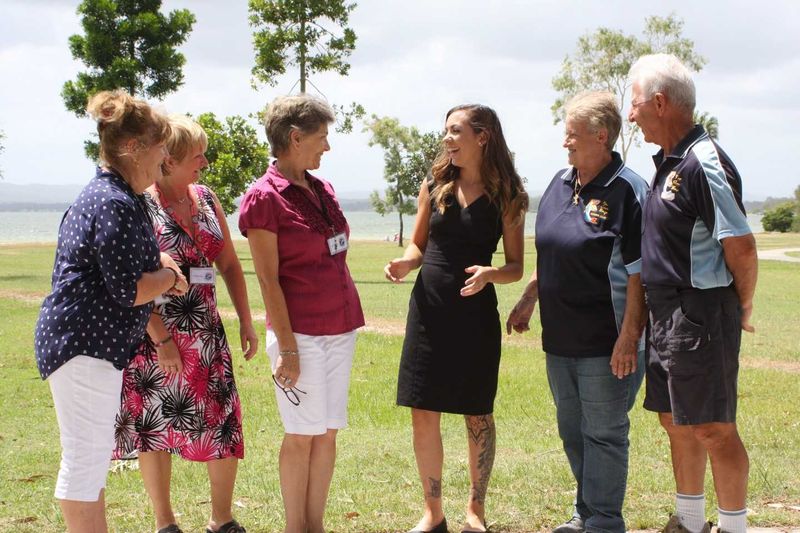 Volunteers Eileen Hollyoak, Gabriella Field, Lynette Cunningham from the TCB Resource Centre and Deb and Jim George welcome C