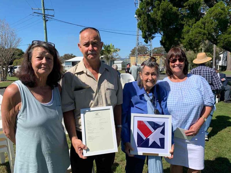 L-R Sue Nayler, Mel Backhouse, Jean Backhouse, and Daph Backhouse were presented with a framed Australian flag and Record of