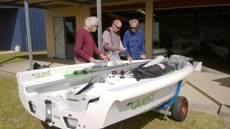 Russell, Mike and Bob of the Tin Can Bay Yacht Club wondering which parts are which and where they go on their new RS Quests