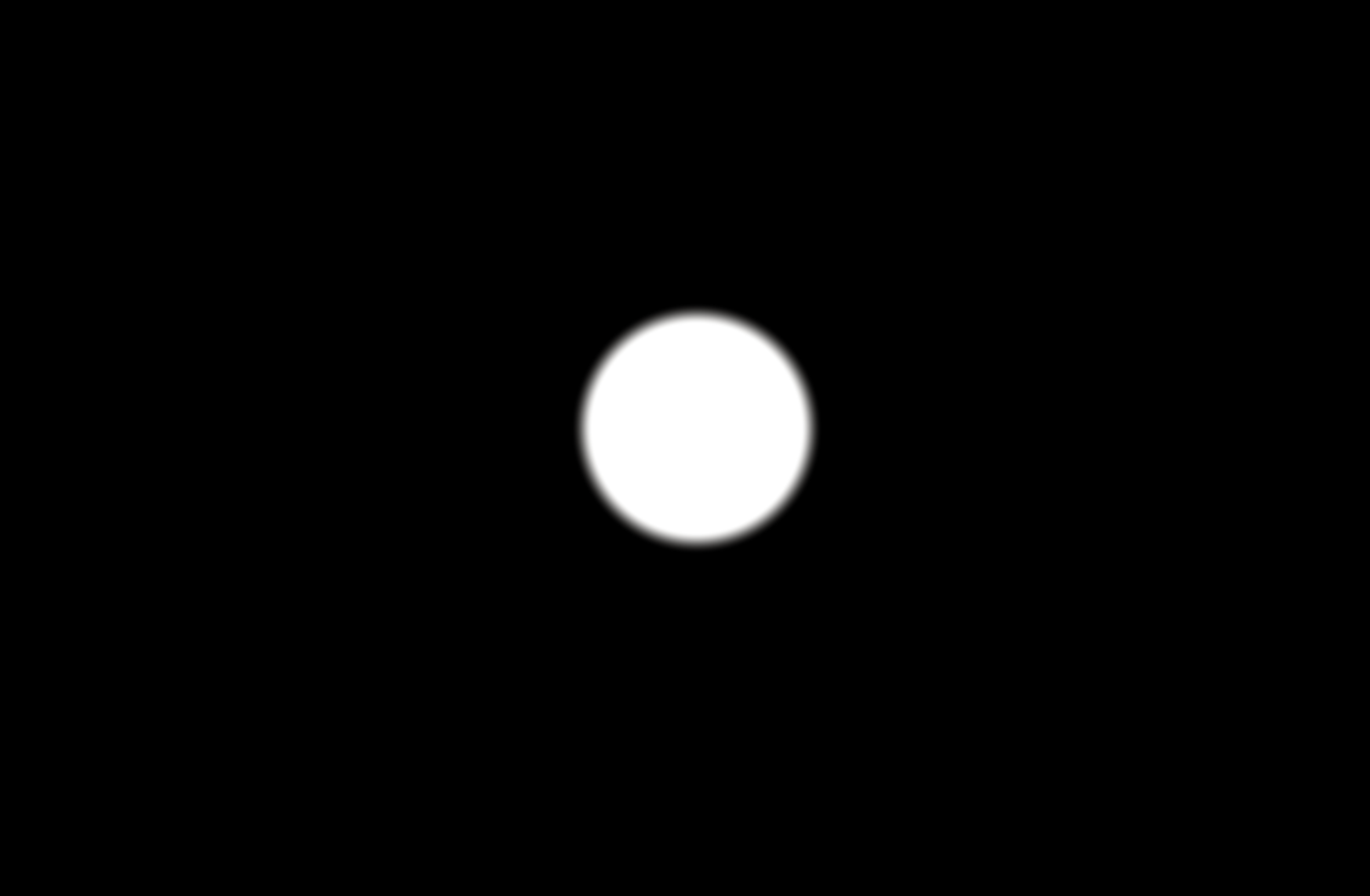 A white circular blob centered on a black background, created using a static metaball field rendered in a GLSL fragment shader—demonstrating the core concept of field strength and threshold visualization.