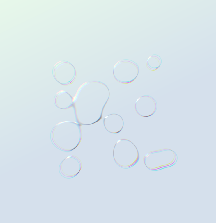 Screenshot of a generative art animation with soft, overlapping metaballs rendered using shaders in p5.js, featuring smooth edges and chromatic aberration on a gradient background.