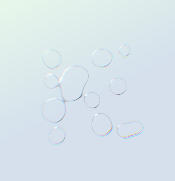 Screenshot of a generative art animation with soft, overlapping metaballs rendered using shaders in p5.js, featuring smooth edges and chromatic aberration on a gradient background.