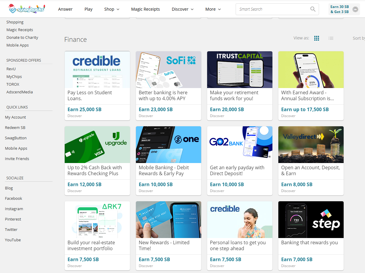 Swagbucks page showcasing finance offers and rewards for banking and other products.