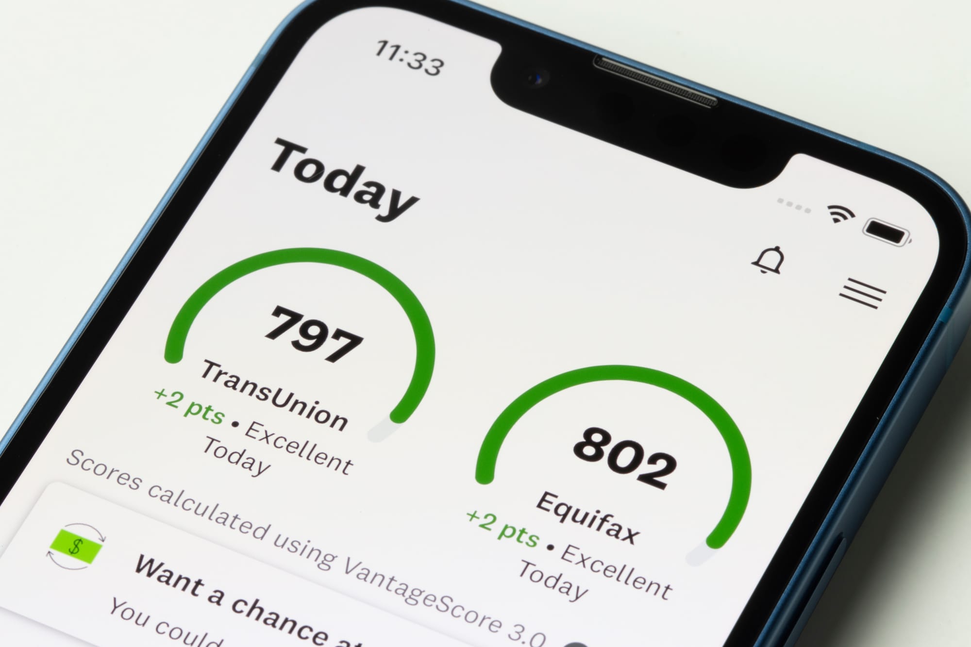 Credit Karma app displaying a Transunion and Equifax score