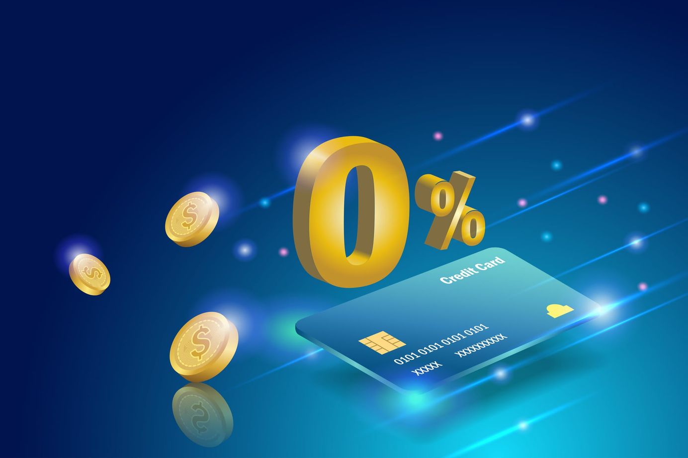 0% interest credit card illustration with glowing blue background, golden coins, and a large 0% symbol.