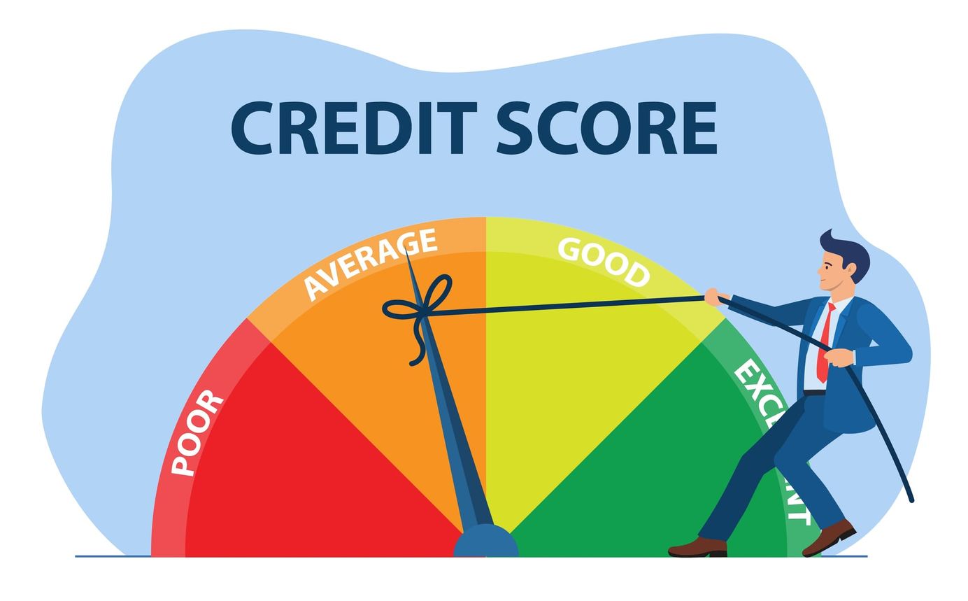 Businessman pulling a rope to move a credit score gauge from average to excellent