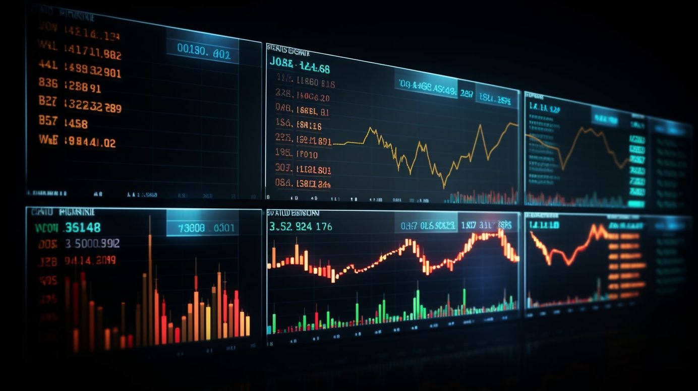 Computer screens displaying stock information