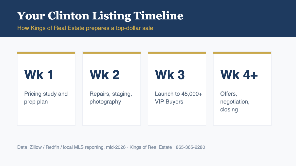 Clinton TN home selling timeline 2026 - pricing, prep, launch, closing
