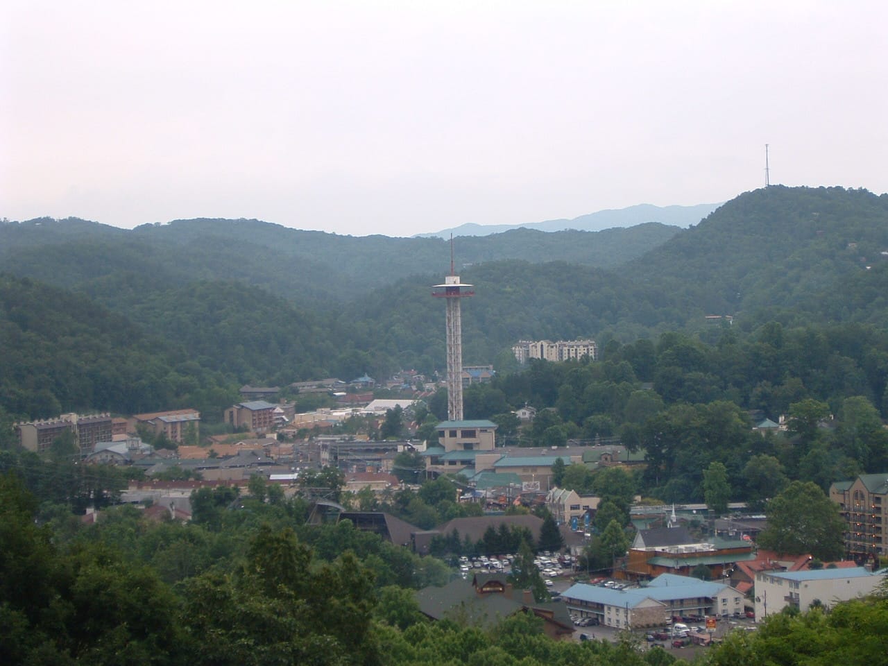 Downtown Gatlinburg Tennessee with the Smoky Mountains behind