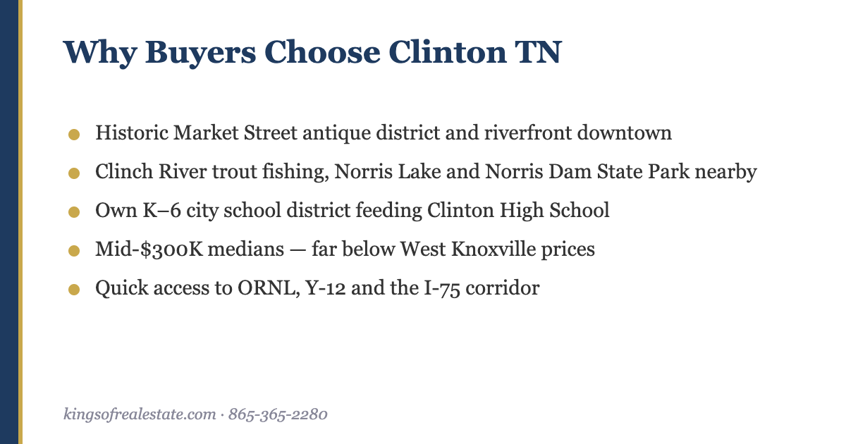 Reasons buyers choose Clinton TN: antique district, Clinch River, Norris Dam State Park, city schools