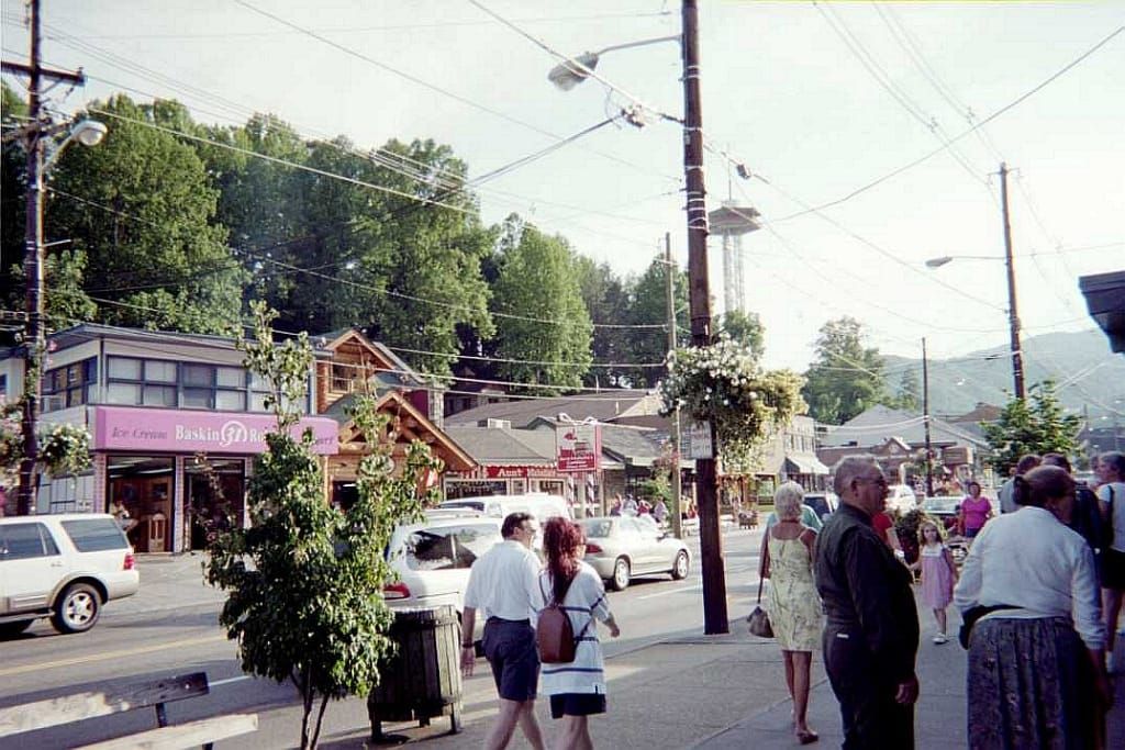 Downtown Gatlinburg, Tennessee, with the Smoky Mountains rising in the background