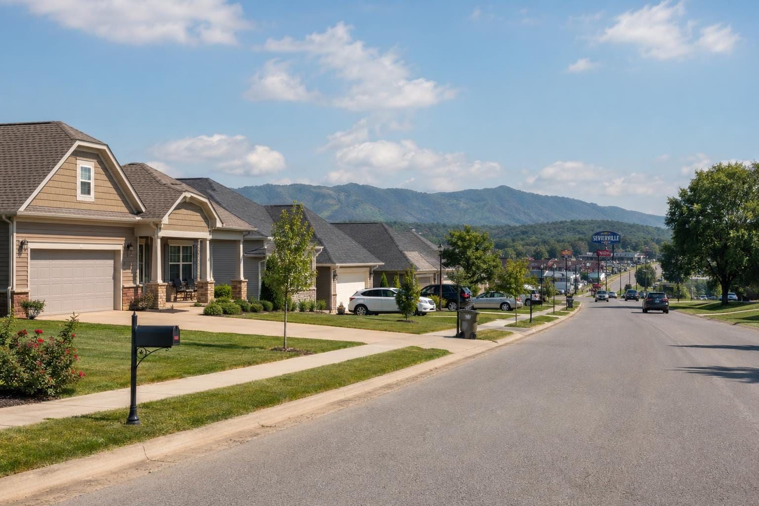 Sevierville Tennessee residential neighborhood with foothill backdrop and everyday family homes