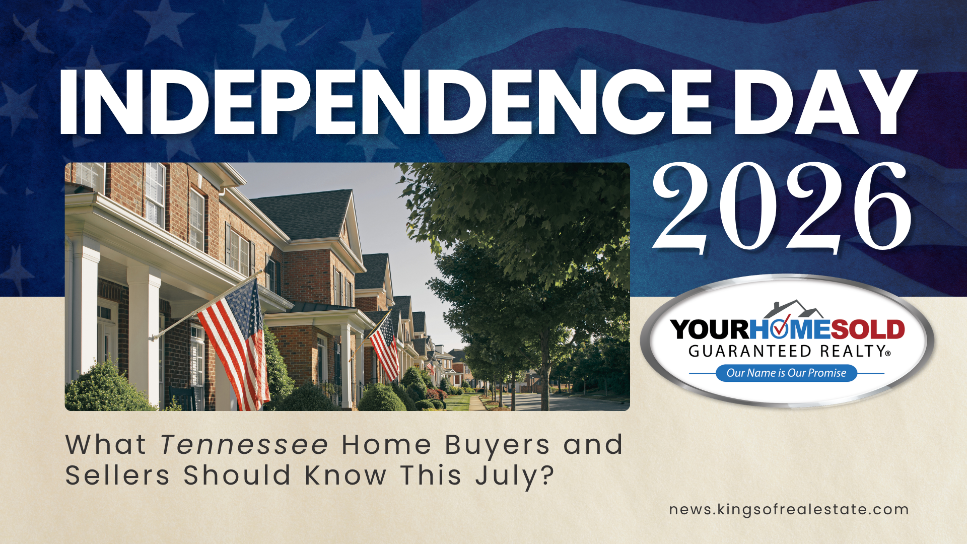 Independence Day 2026 banner with American flags on Tennessee home porches and the Your Home Sold Guaranteed Realty logo — tips for TN home buyers and sellers this July