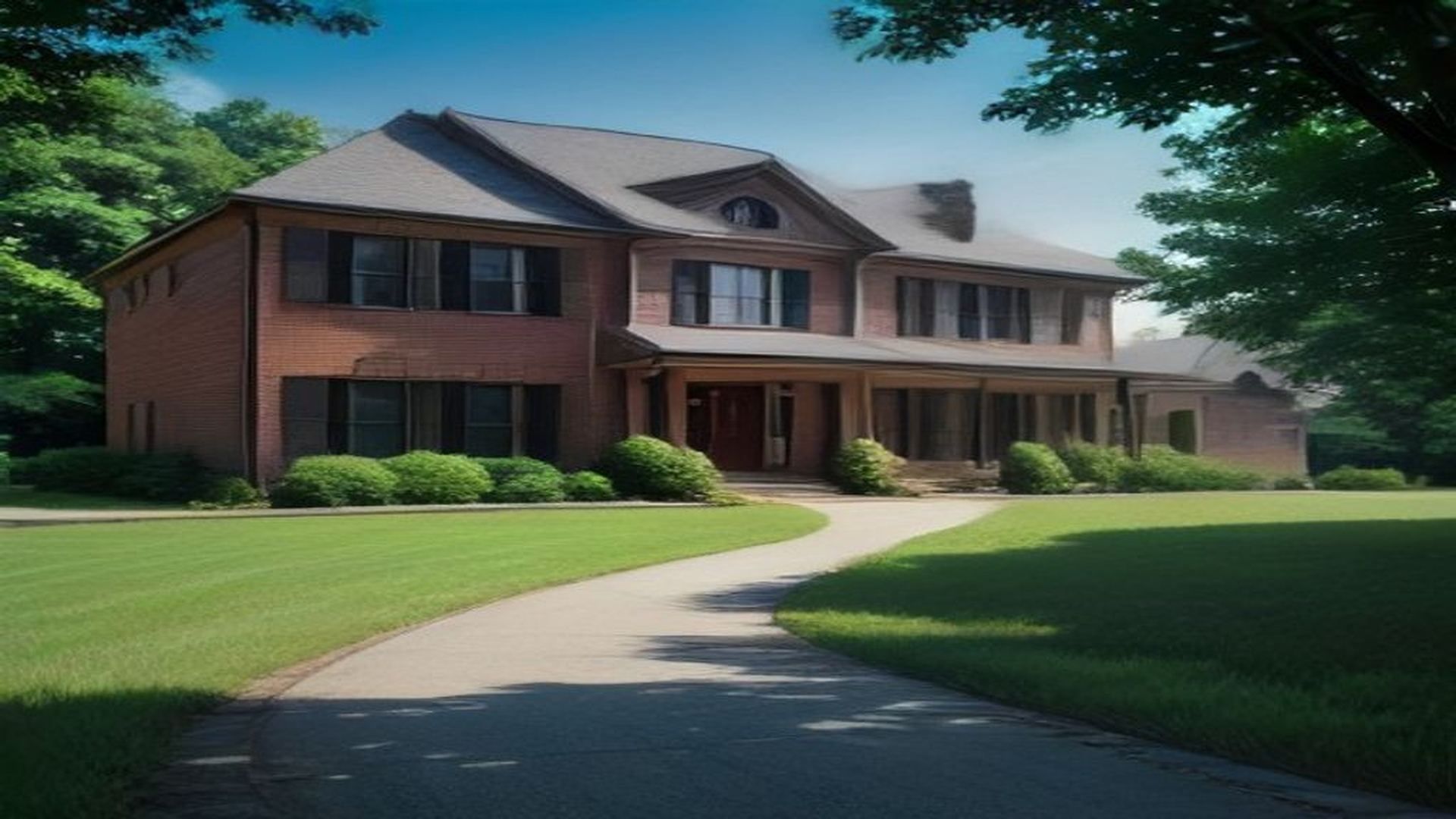 Empty two-story brick Knoxville suburban house on a manicured lawn under a clear sky, with no people, logos, or text