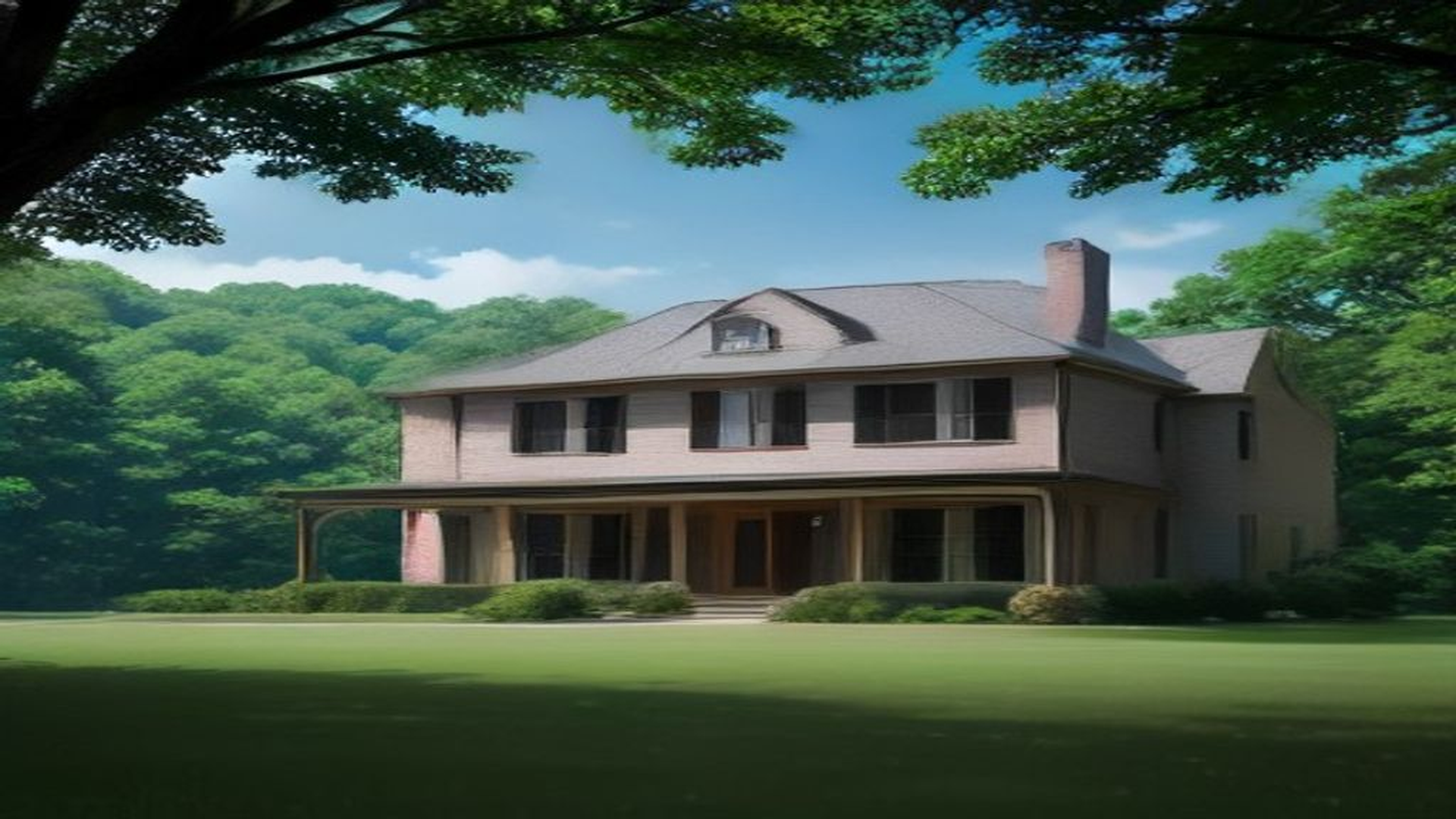 Empty two-story beige house with a front porch on a green Maryville lawn and wooded foothills, no people, logos, or text