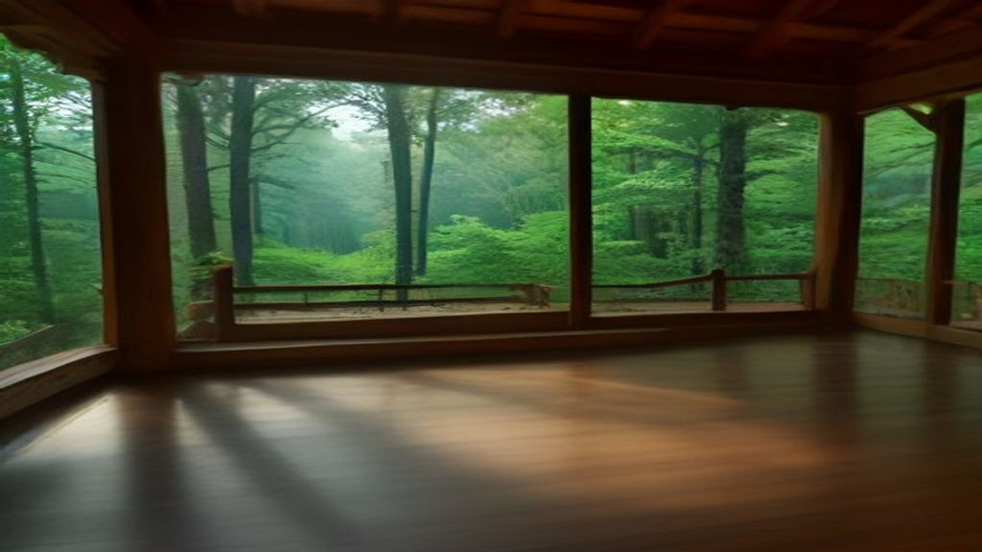 Empty cedar-and-stone foothills house interior looking out to a misty forest, no people, logos, or text