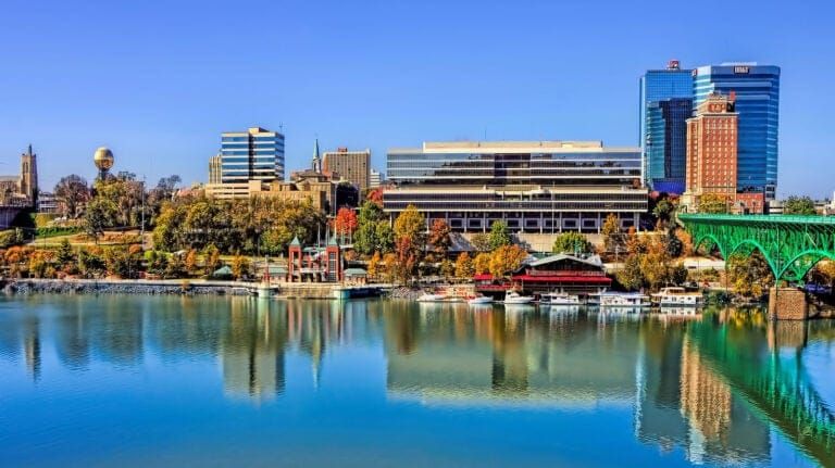 Downtown Knoxville skyline with the Sunsphere reflected in the Tennessee River