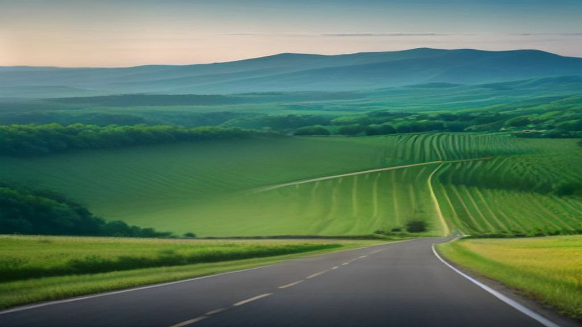 Photoreal rolling green farmland with a two-lane road leading toward forested mountains under a hazy sky, no people, logos, or text