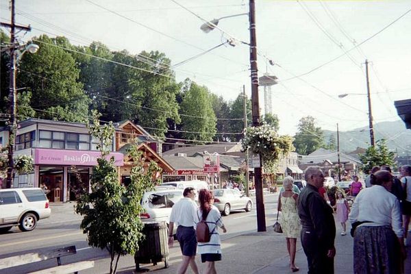 Downtown Gatlinburg, Tennessee, with the Smoky Mountains rising in the background