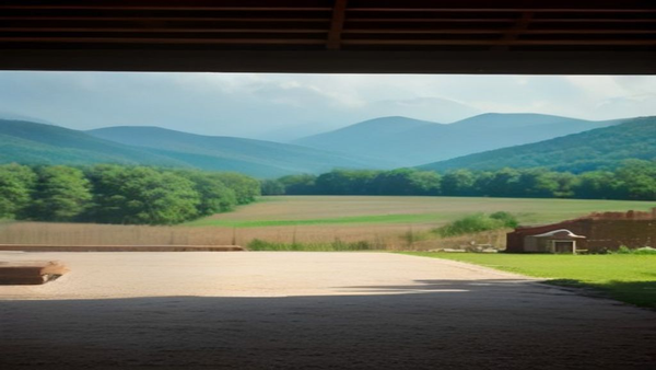 Covered porch looking out over a green Chattanooga lawn to hazy Appalachian ridges, no people, logos, or text
