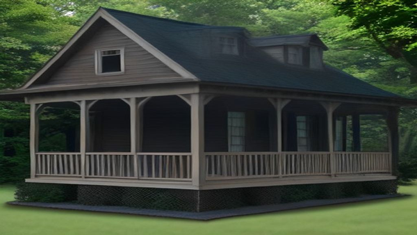 Empty shingled Chattanooga cottage with a wraparound porch and wooded lot, with no people, logos, or text