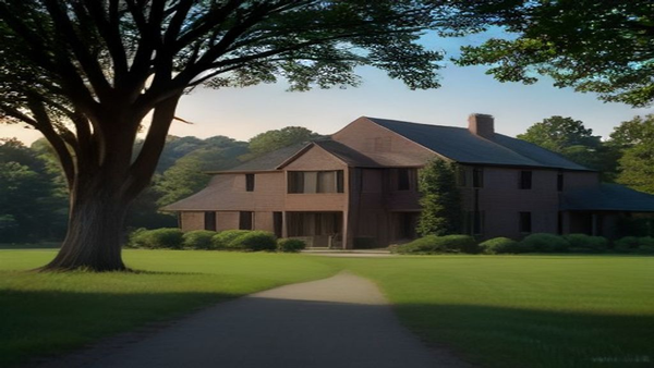 Empty dark-sided two-story house on a wide Kingsport lawn at golden hour, no people, logos, or text