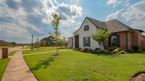 Empty brick-and-white Knoxville-style suburban house on a tree-lined sidewalk with no people, logos, or text