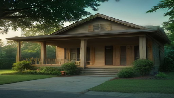 Empty Nashville bungalow with a covered porch on a tree-lined residential street, with no people, logos, or text