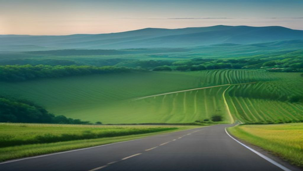 Photoreal rolling green farmland with a two-lane road leading toward forested mountains under a hazy sky, no people, logos, or text