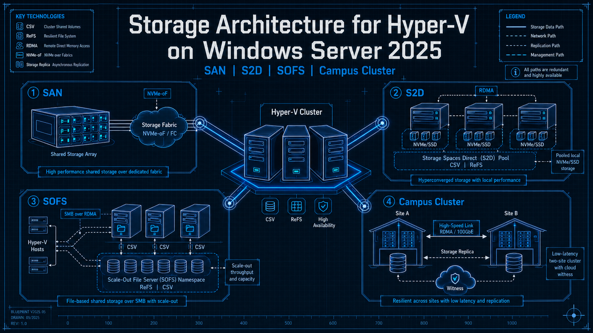 Storage Architecture for Hyper-V on Windows Server 2025: SAN, S2D, SOFS, and Campus Cluster