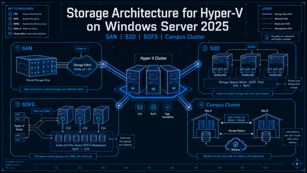 Storage Architecture for Hyper-V on Windows Server 2025: SAN, S2D, SOFS, and Campus Cluster