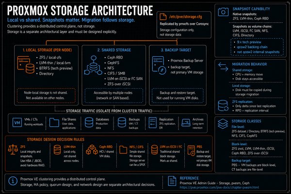 Proxmox Storage Architecture: ZFS, Ceph, LVM-thin, NFS, iSCSI, and Snapshots as Volume Chains