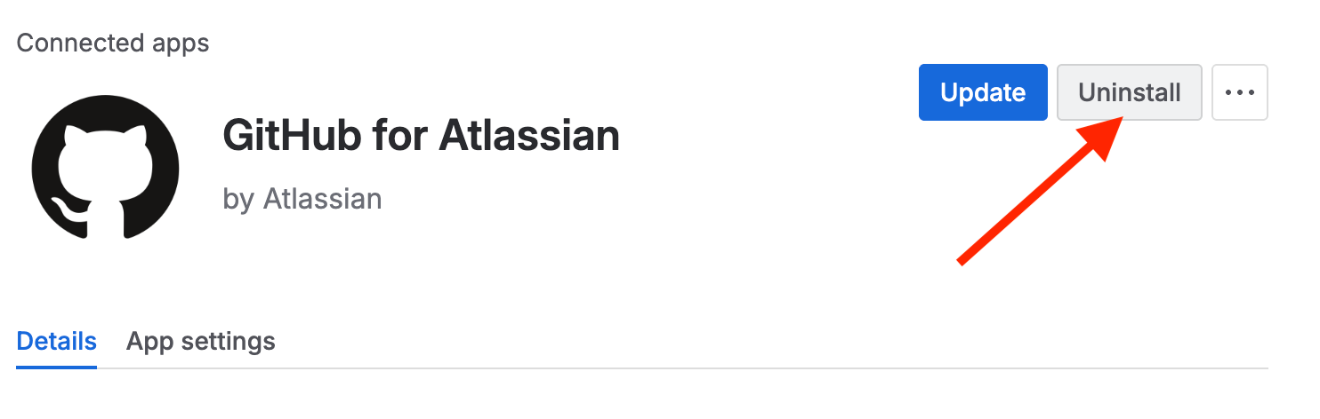 GitHub for Atlassian connected app screen with uninstall button highlighted
