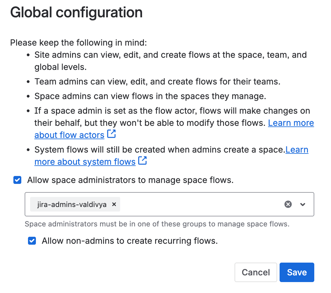Global configuration screen for automations with a group set to manage space flows