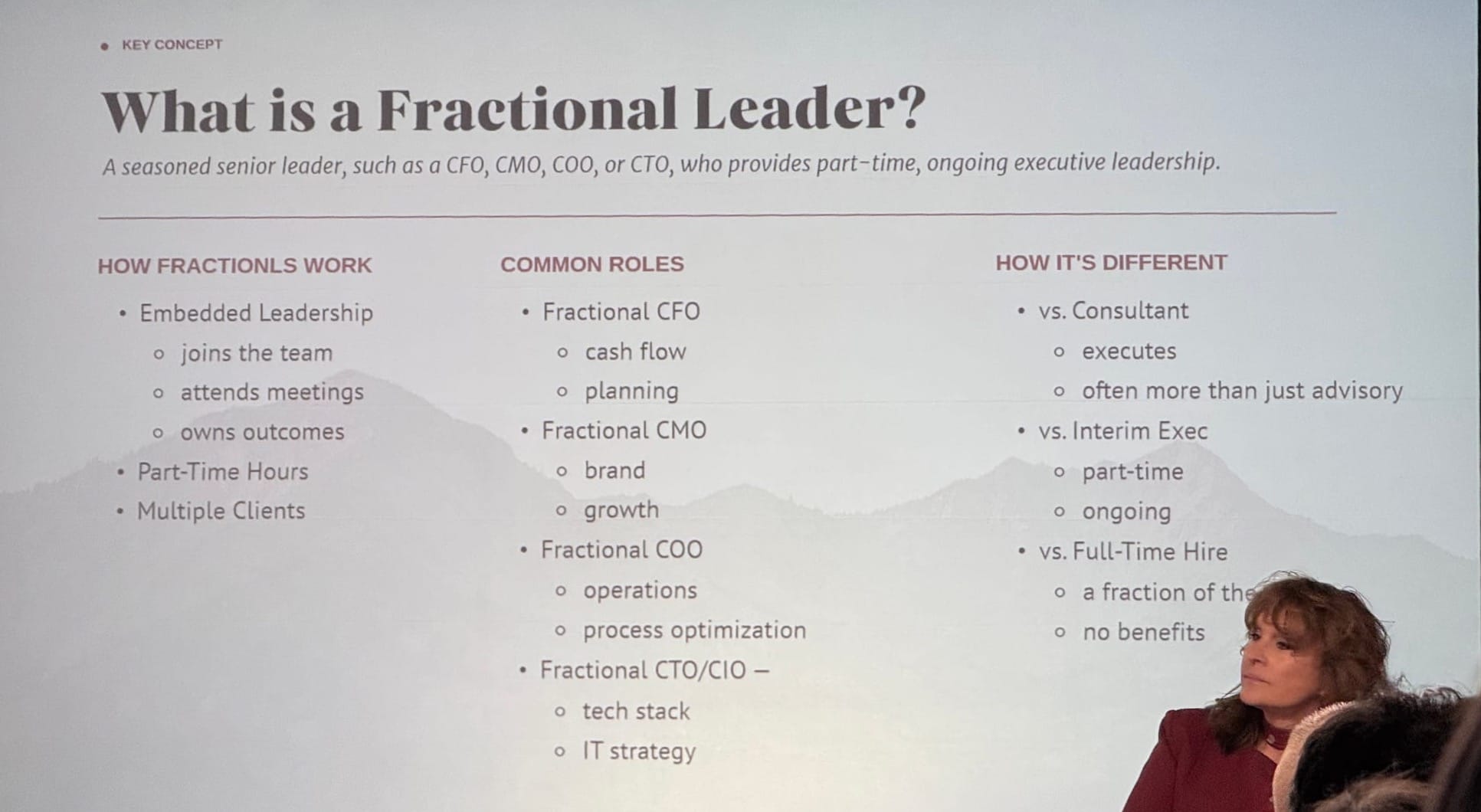 Slide with information on fractional leaders: how it works, common roles, and differentiators