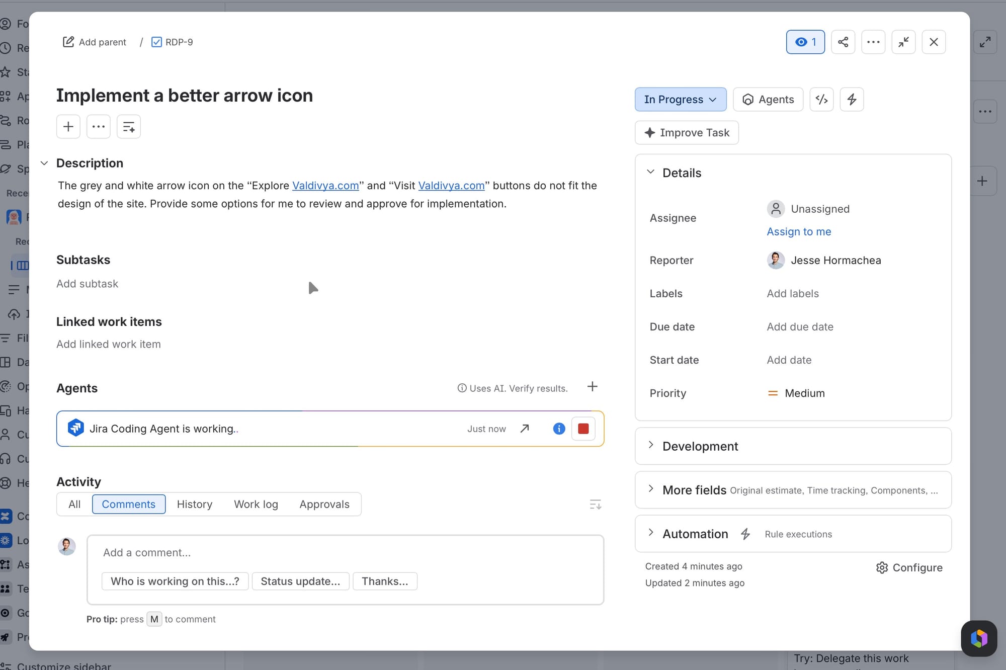Work item view with the Jira Coding Agent is working process highlighted