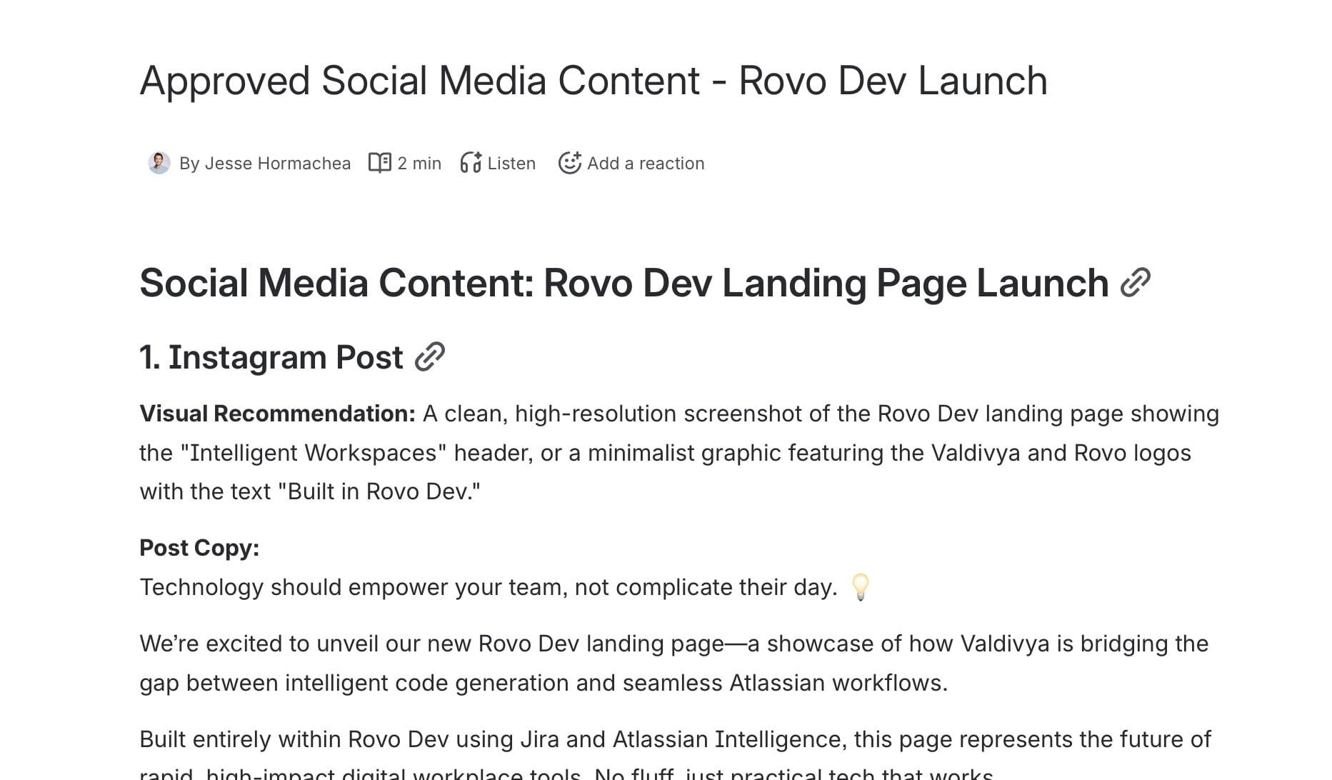 Screenshot of a confluence page with the output of content created by the social media content agent