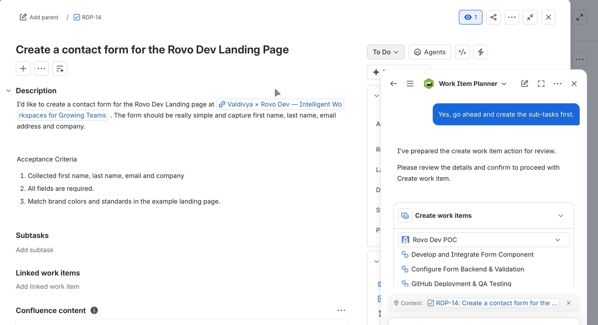 Screenshot of a Jira work item with the Work Item Planner chat conversation open to discuss the work items