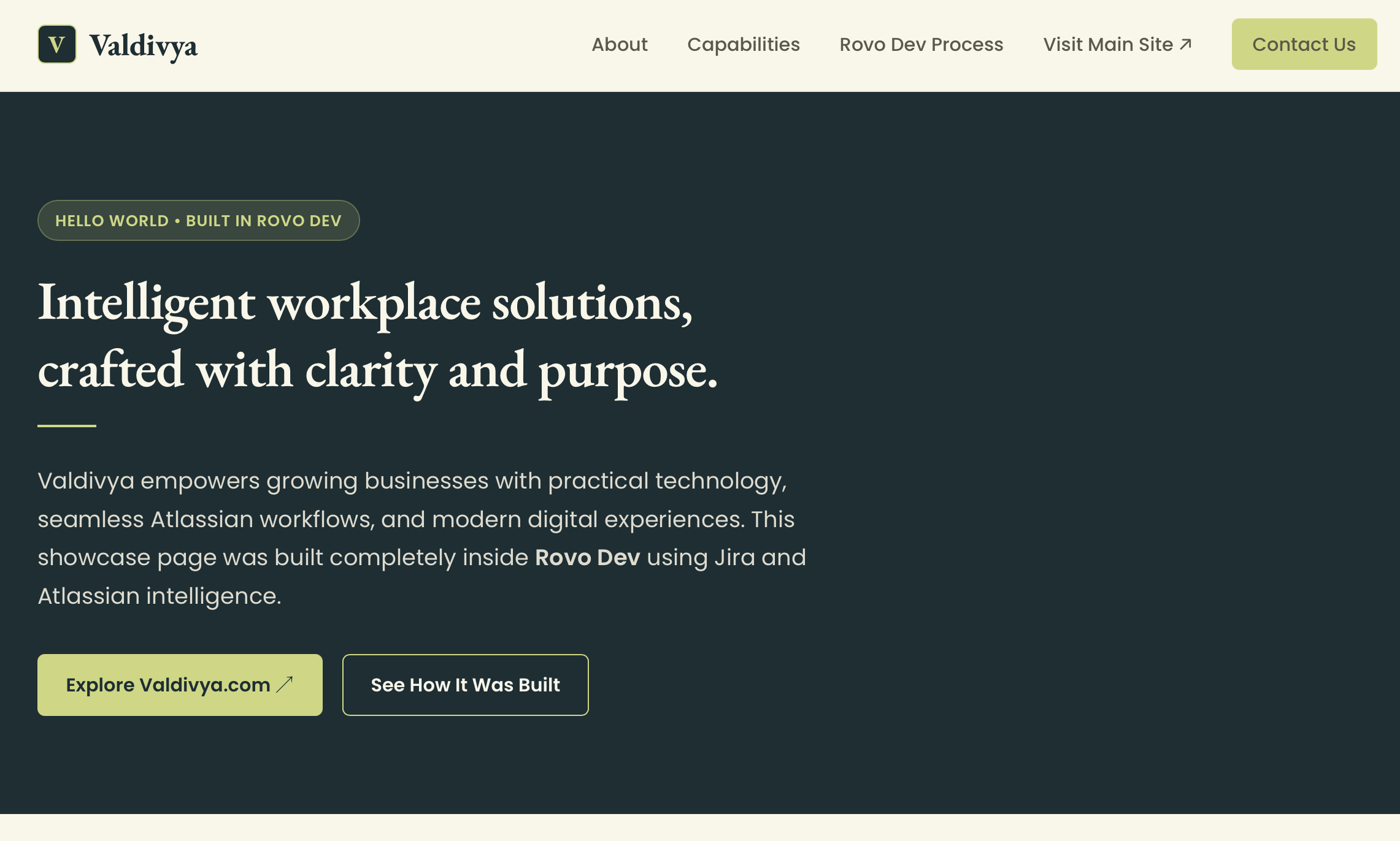 Screenshot of the valdivya and Rovo Dev proof of concept site