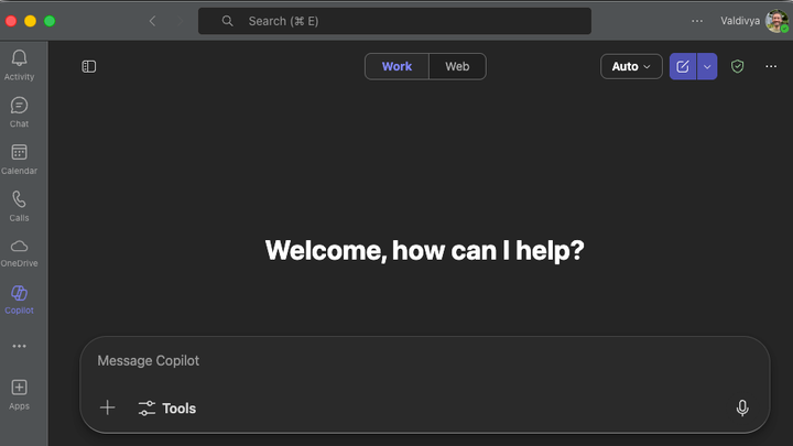 Screenshot of a Microsoft Teams with Copilot open asking "Welcome, how can I help?"