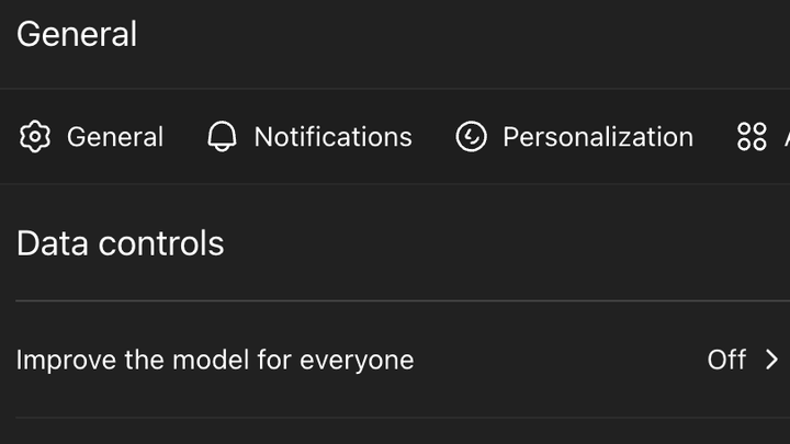 ChatGPT Privacy settings with Improve the model for everyone turned off