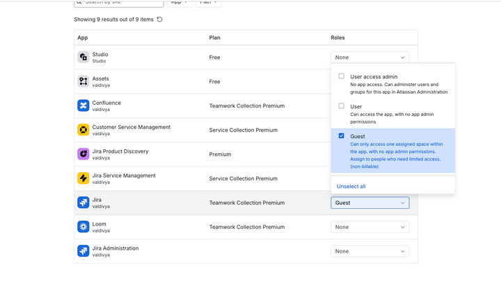 Atlassian administrator screen showing Atlassian products with Guest user selected for Jira