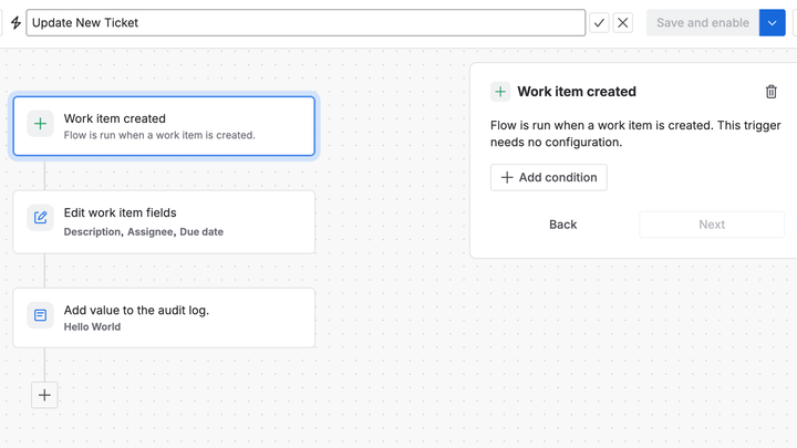 Automation Editor with Work Item created trigger, edit work item fields, and a Hello World audit log