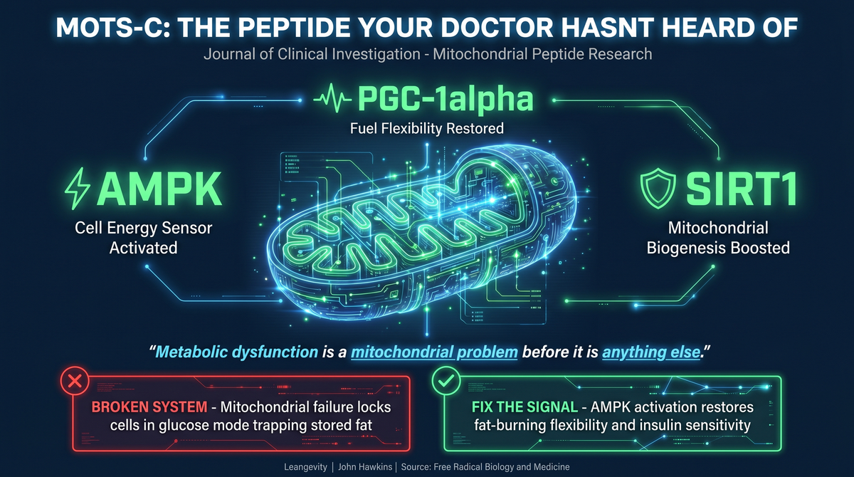 MOTS-c mitochondrial peptide infographic showing AMPK activation pathway with SIRT1 and PGC-1a signaling nodes