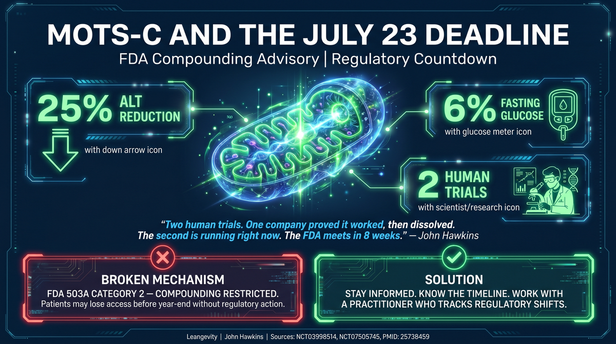 MOTS-c peptide infographic showing two human trials, July 23 FDA deadline, 25% ALT reduction, and compounding access implications