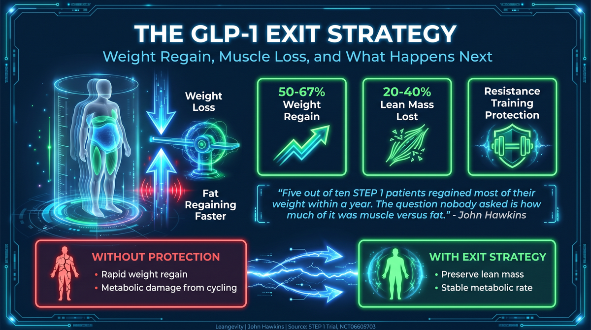 Infographic: GLP-1 discontinuation weight regain data from STEP 1 trial. Body composition visualization showing 50-67% weight return and lean mass loss after stopping semaglutide treatment.