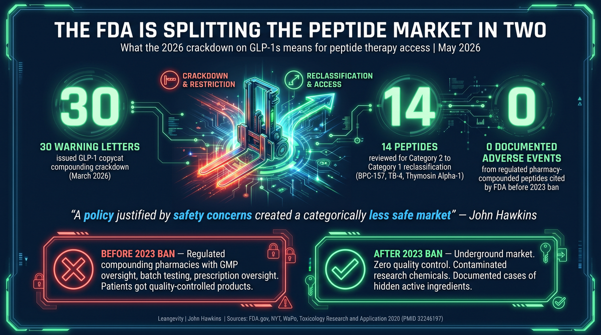 FDA infographic showing peptide market bifurcation: 30 GLP-1 crackdown warning letters vs 14 peptides being reviewed for reclassification