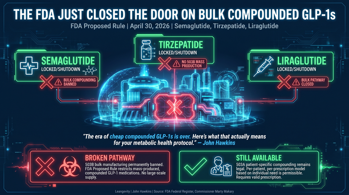 Infographic showing the FDA's permanent ban on bulk compounded GLP-1s — semaglutide, tirzepatide, and liraglutide — and what it means for patients currently on compounded medications